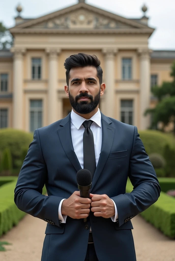 Strong muscular bearded young Persian man in suit and tie holding a microphone CNN GUAPORÉ, news reporter Anthony Conn, christian orrillo, Omar Ortiz, joel torres, Jason Schier, Ignacio Fernández Rios", james zapata, alex miranda, danilo torres, Lucas Graziano, photo of the journalist, high quality news footage, Jonathan Zawada, Sidney Lugo, news footage, a beautiful garden of a historic building in the back.