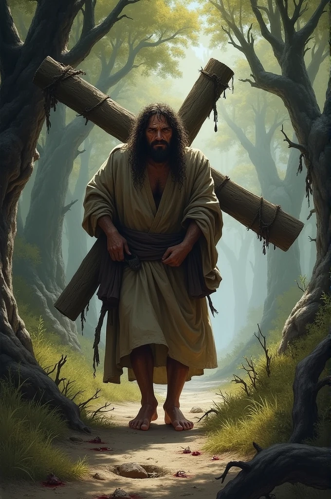 A man carrying a cross on a path full of thorns