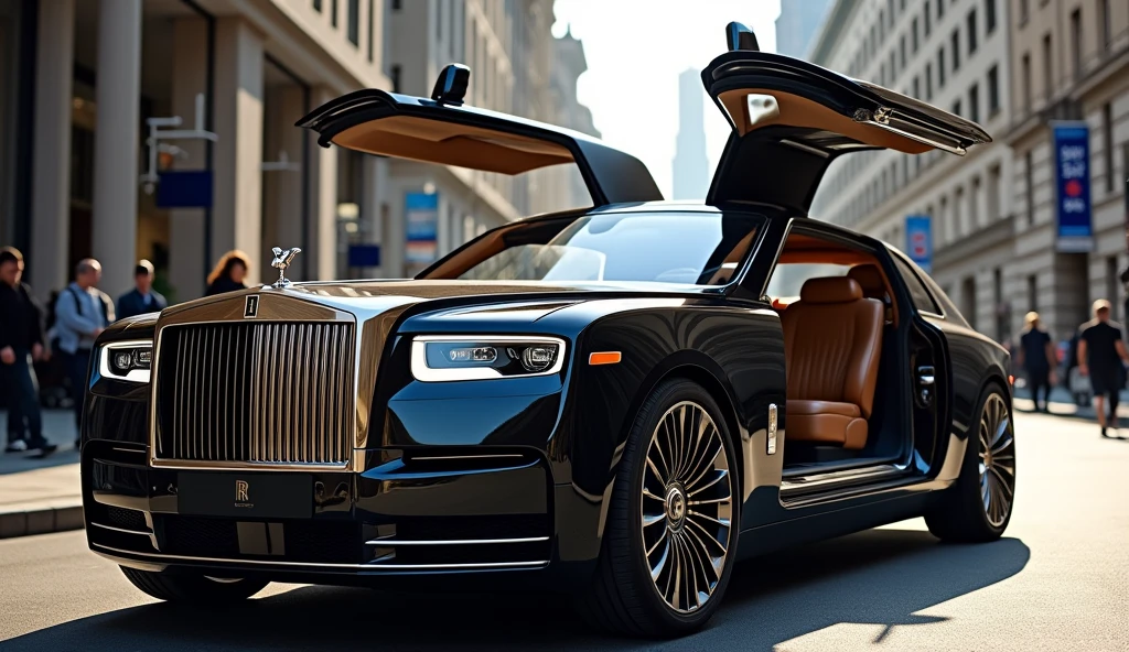 Um carro Rolls-Royce Sweptail muito bonito, on a road in the city. In one of the images the car doors must be open. And I want to see the images in full view