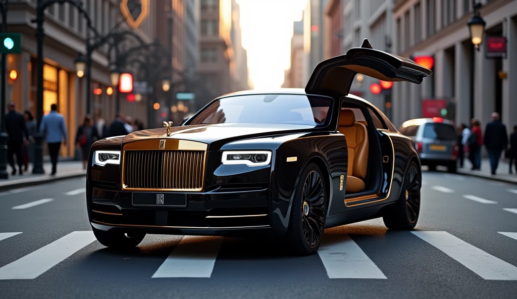 Um carro Rolls-Royce Sweptail muito bonito, on a road in the city. In one of the images the car doors must be open. And I want to see the images in full view