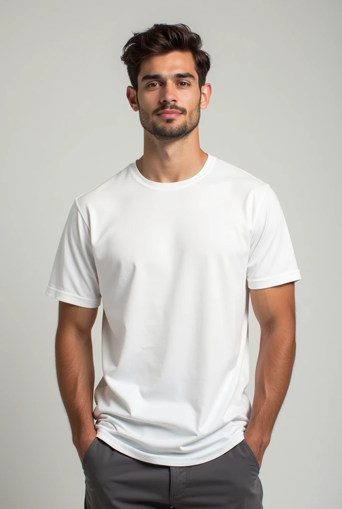 a young man standing with a white t-shirt mockup