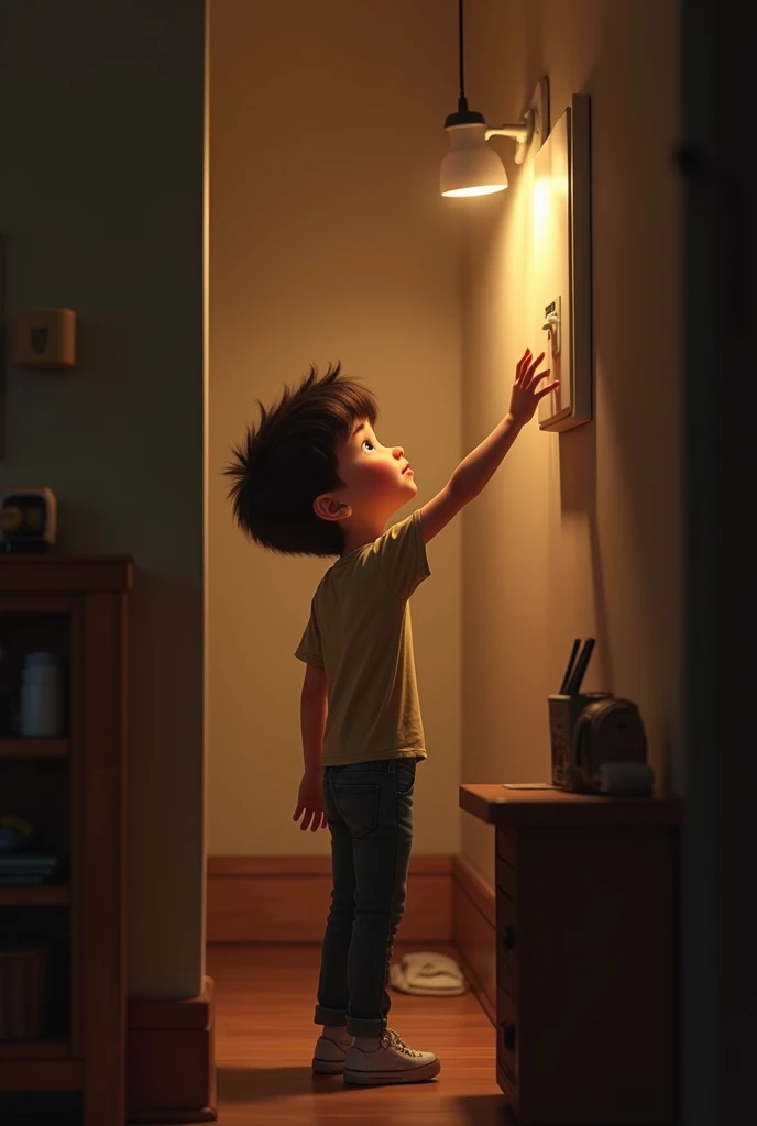 a boy, turn off lights of
