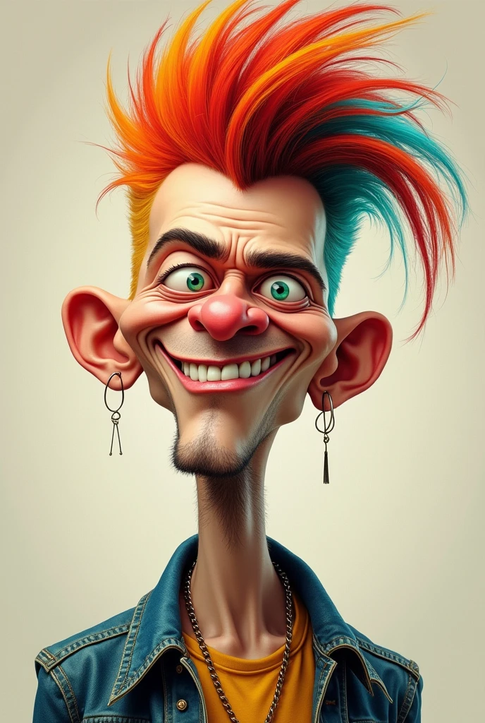 make ,a realistic full body shot,exagerrated ,caricature ,of skinny punk man , with colourful mohawk hairstyle,looking at the viewer,with nice smile,This masterpiece captures the essence of the era, radiating nostalgia and vintage charm.,simple background.high detail