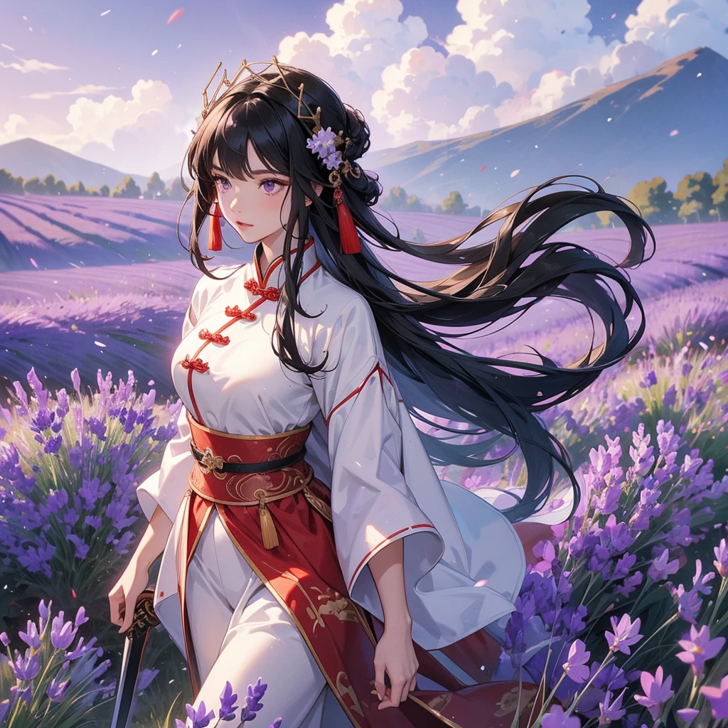 beautiful woman black-haired general holding a large sword in white-red ancient Chinese general costume, walking In the middle of lavender fields , Surrounded by lavender fields, purple, low clouds, close up.