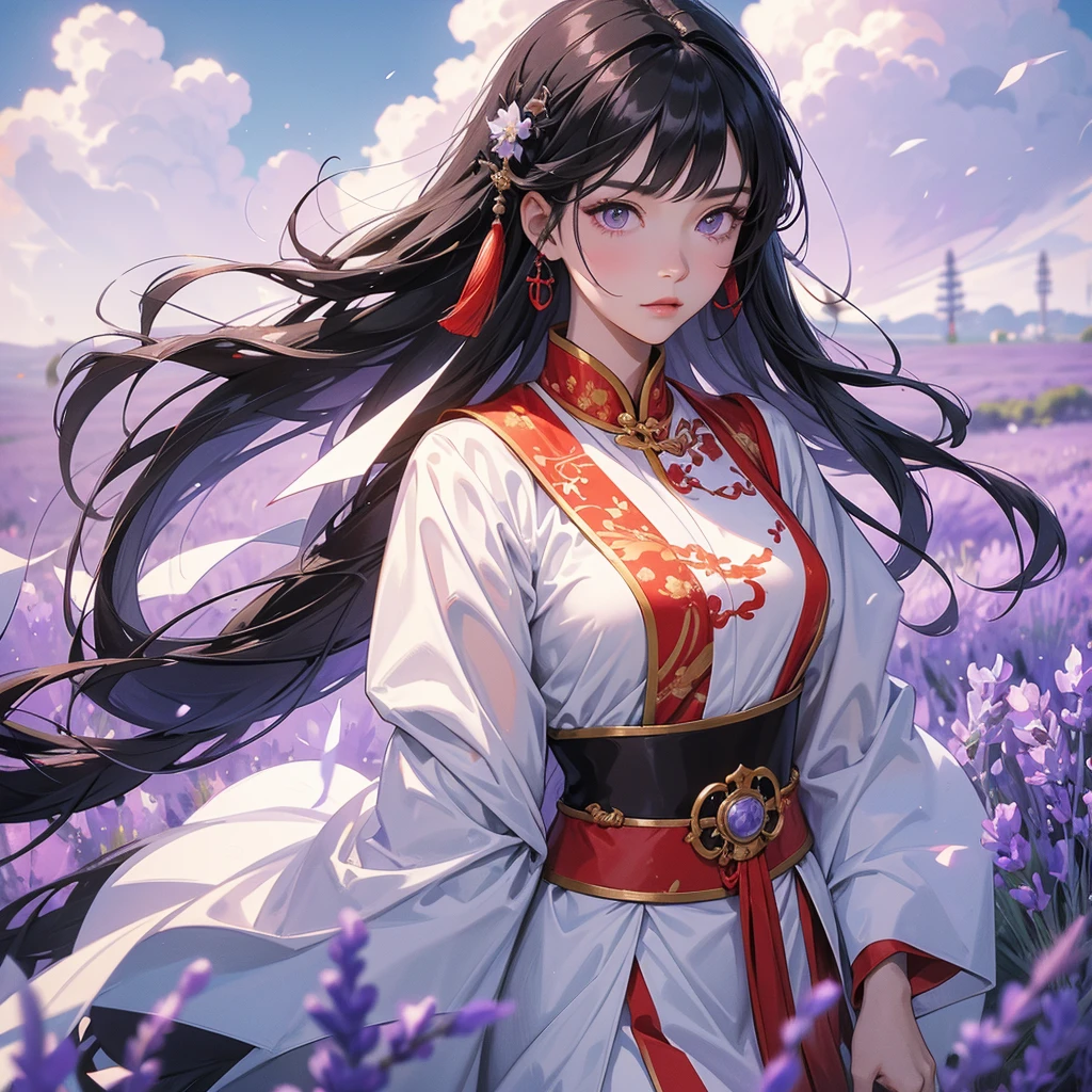 beautiful woman black-haired general holding a large sword in white-red ancient Chinese general costume, walking In the middle of lavender fields , Surrounded by lavender fields, purple, low clouds, close up.