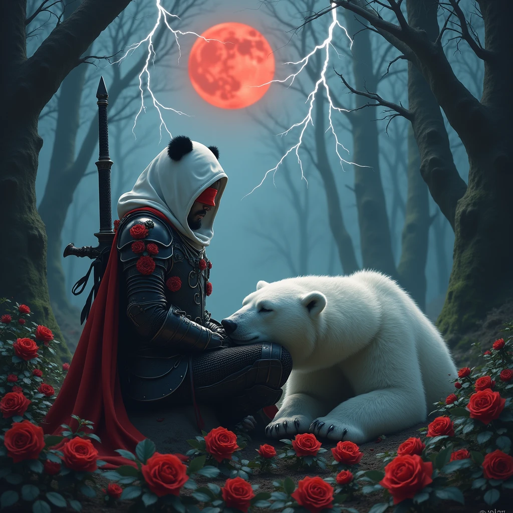 Male knight with a white hood with bear ears with sword behind his back sits towards a polar bear in a forest while the moon shines, many Roses cover the ground and lightning falls from the sky. The polar bear sleeps in front of the knight. Only the man wears a red blindfold. In the background of the picture is the blood moon. The forest is full of trees with leaves. The armor of the man is black and red roses decorate it. The knight smells on a rose.