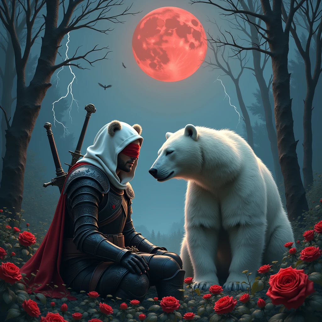 Male knight with a white hood with bear ears with sword behind his back sits towards a polar bear in a forest while the moon shines, many Roses cover the ground and lightning falls from the sky. The polar bear sleeps in front of the knight. Only the man wears a red blindfold. In the background of the picture is the blood moon. The forest is full of trees with leaves. The armor of the man is black and red roses decorate it. The knight smells on a rose.