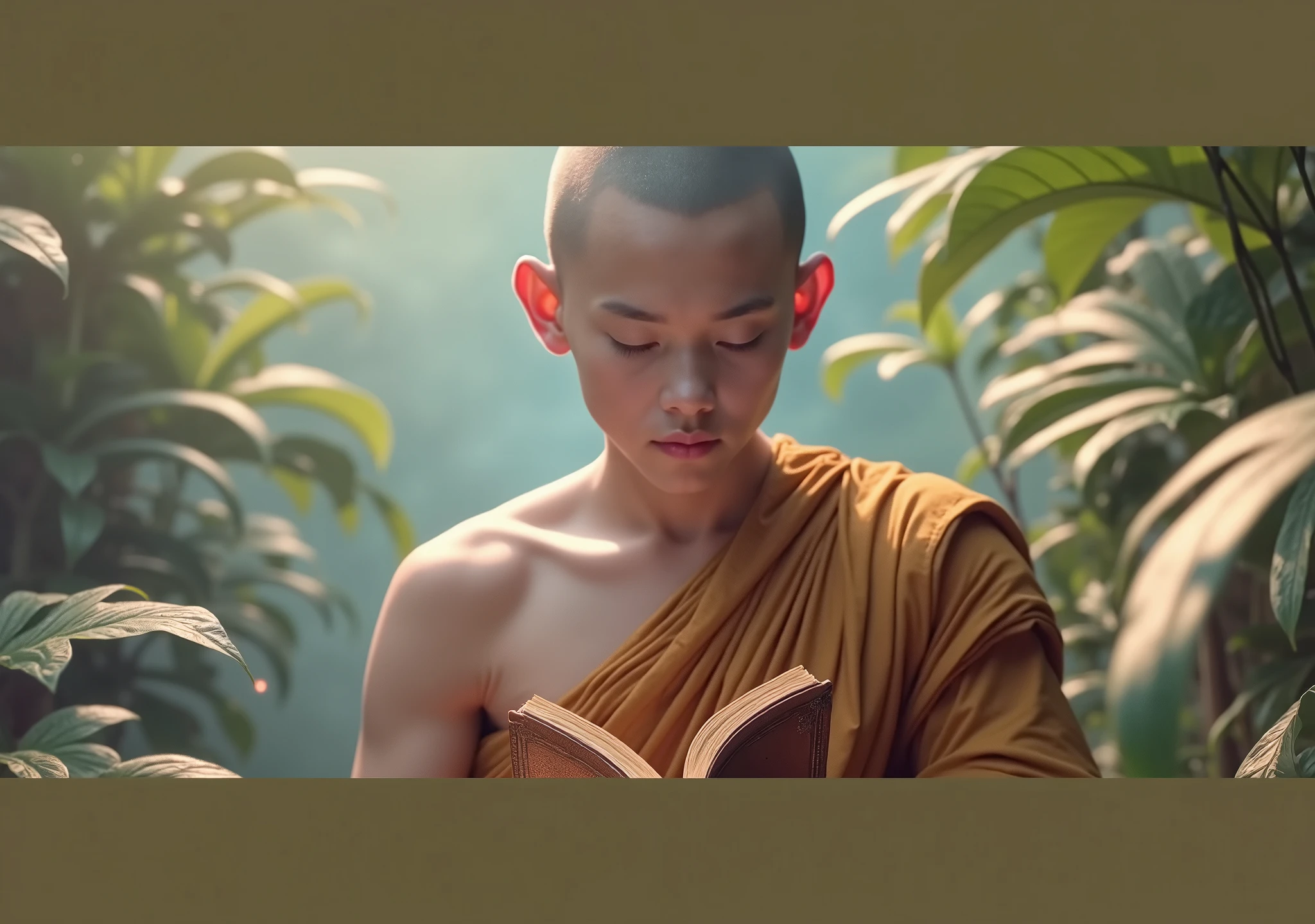 a budha monk reading an ancient book in a peaceful forest setting, detailed facial features, detailed robe texture, detailed book textures, detailed foliage, detailed lighting, unlight filtering through lush green leaves, detailed foliage, intricate patterns, warm golden lighting, tranquil atmosphere, highly detailed, photorealistic, 8k, masterpiece cinematic composition, dramatic lighting, moody atmosphere, warm color palette, (best quality,4k,8k,highres,masterpiece:1.2),ultra-detailed,(realistic,photorealistic,photo-realistic:1.37)