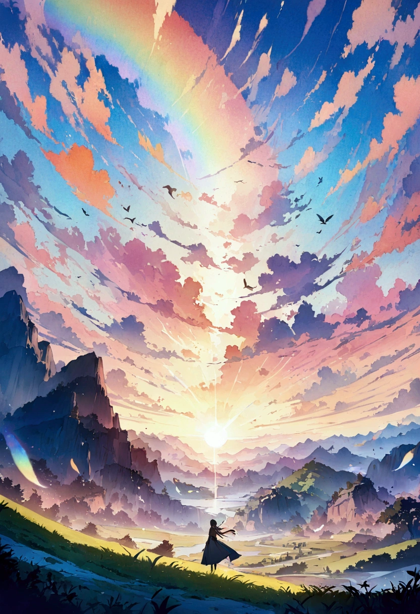 anime、デジタルanimeアート、Flat Design,(masterpiece:1.2)、high quality、High resolution、Very detailed、(Amazingly absurd:1.2)、break,Bird with rainbow feathers、Colorful background、Beautiful light effects、Fantastic landscape