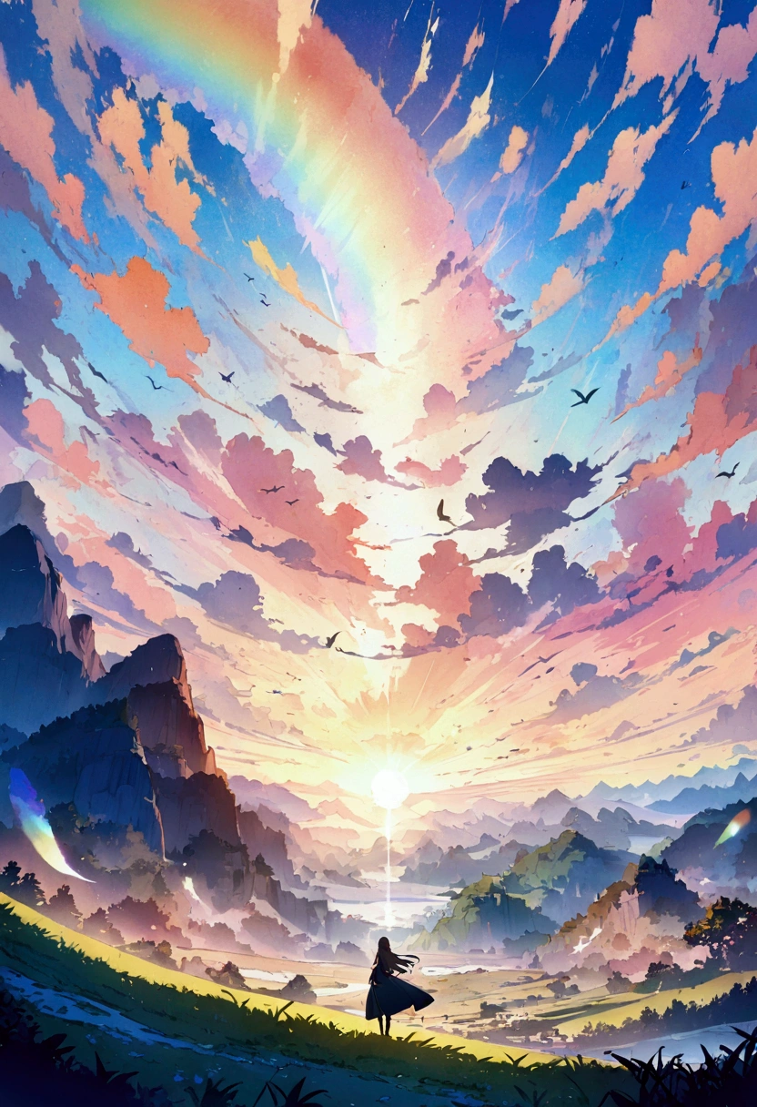 anime、デジタルanimeアート、Flat Design,(masterpiece:1.2)、high quality、High resolution、Very detailed、(Amazingly absurd:1.2)、break,Bird with rainbow feathers、Colorful background、Beautiful light effects、Fantastic landscape