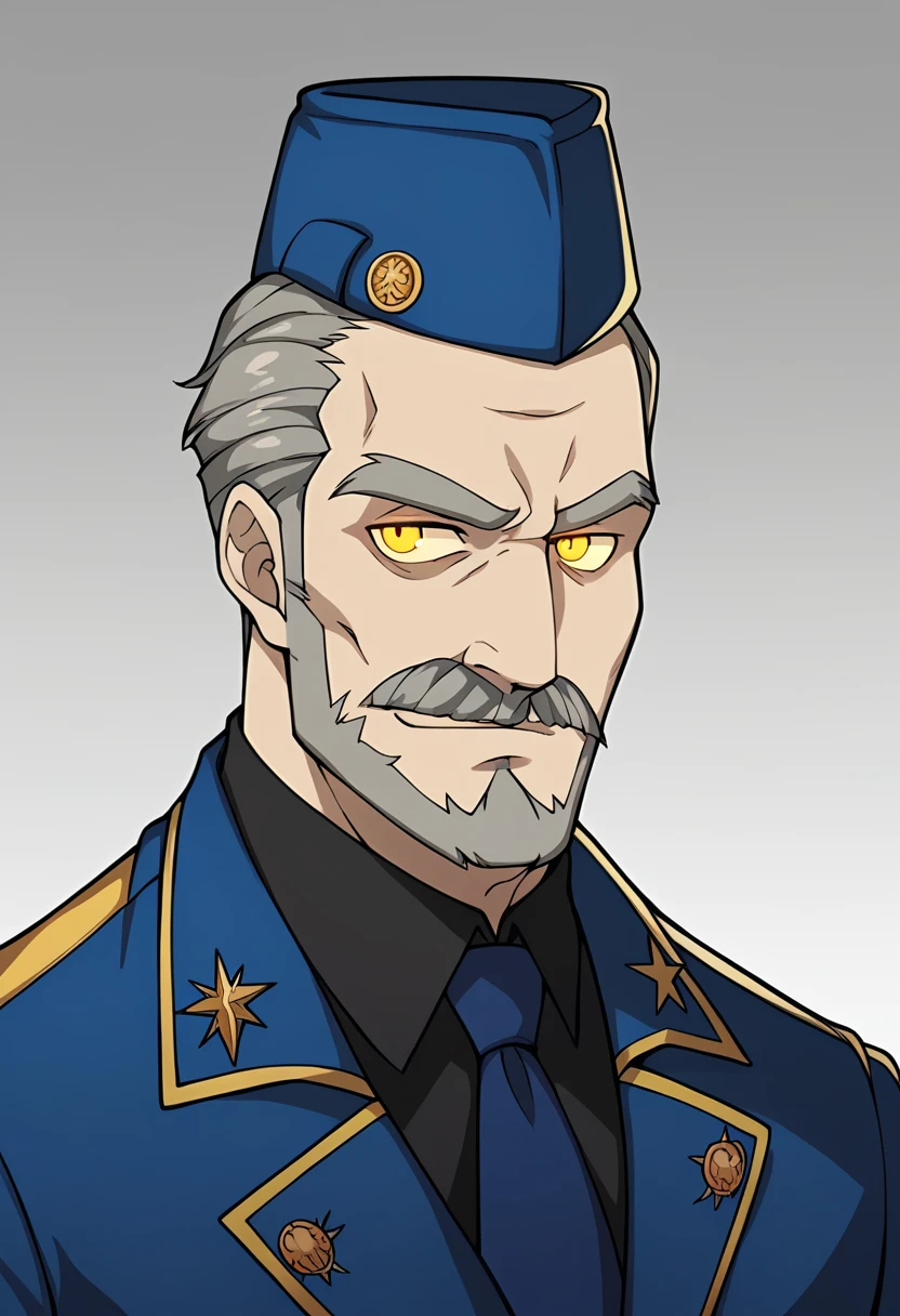 david gandy, 1 man, middle-aged man, 45 y.o, handsome, grey hair, gray mustache, gray beard, almond-shaped eye, glowing yellow eyes color, garrison hat, jacket body, wearing black blouse, blue tie, blue coat (velvet room uniform), friendly smile, gallantic, redefined, closer distance face, closer distance head, his distance pressing against me, hd, high quality, best quality, masterpiece, 8k resolution