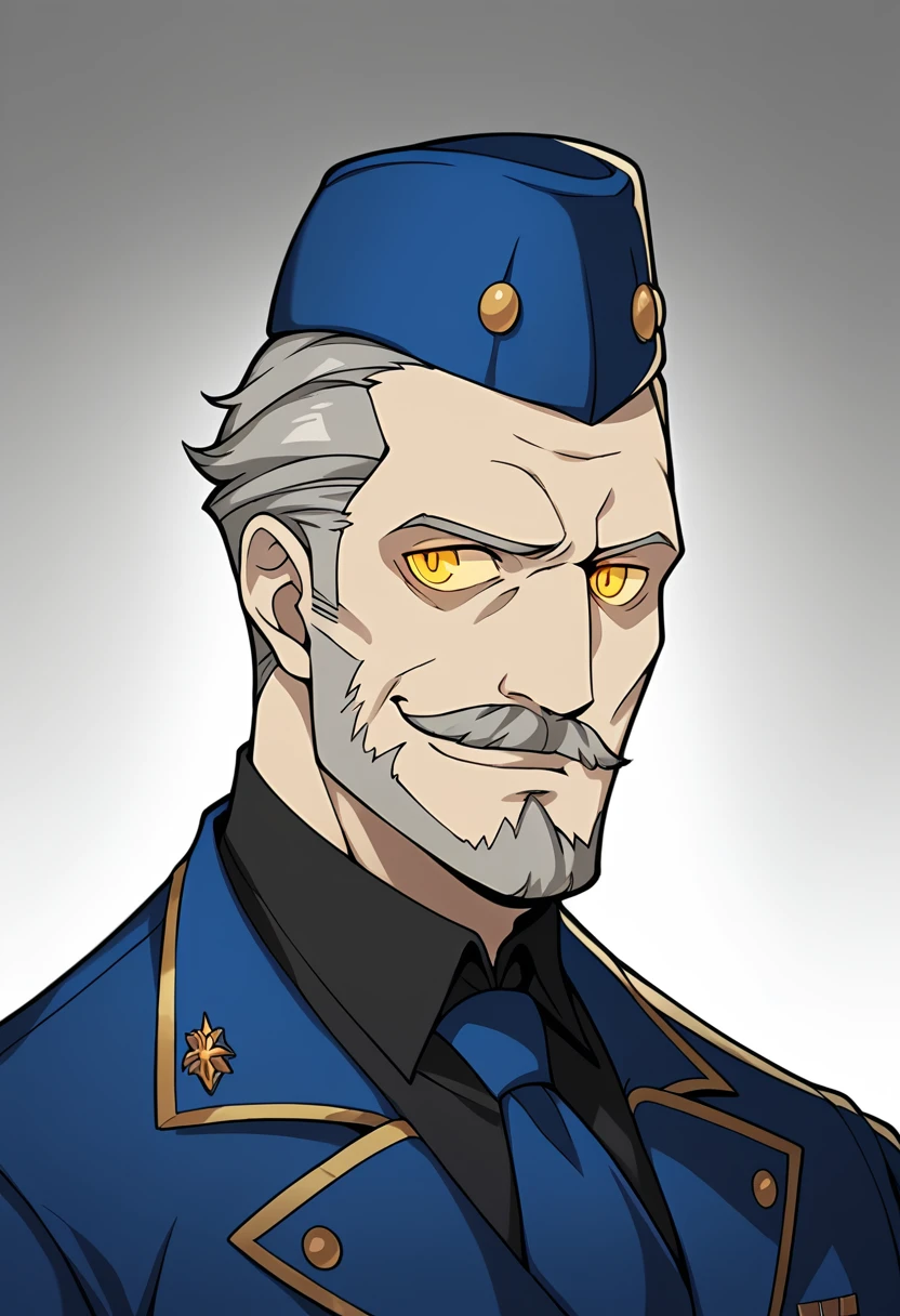 david gandy, 1 man, middle-aged man, 45 y.o, handsome, grey hair, gray mustache, gray beard, almond-shaped eye, glowing yellow eyes color, garrison hat, jacket body, wearing black blouse, blue tie, blue coat (velvet room uniform), friendly smile, gallantic, redefined, closer distance face, closer distance head, his distance pressing against me, hd, high quality, best quality, masterpiece, 8k resolution