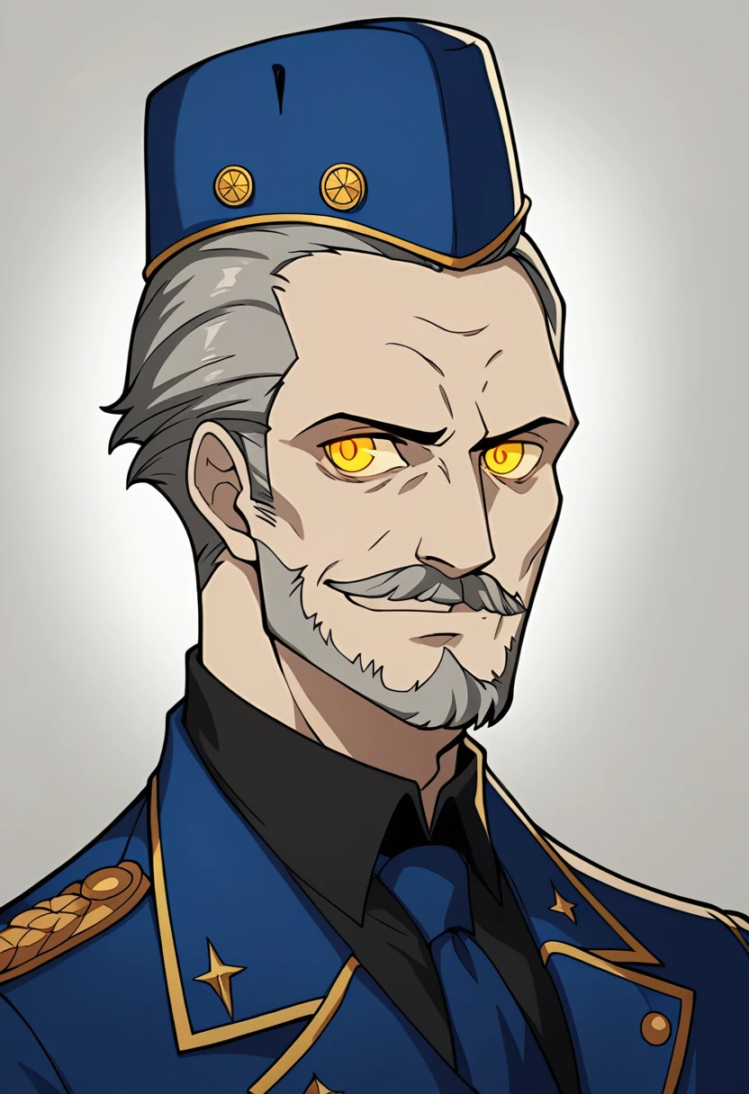 david gandy, 1 man, middle-aged man, 45 y.o, handsome, grey hair, gray mustache, gray beard, almond-shaped eye, glowing yellow eyes color, garrison hat, jacket body, wearing black blouse, blue tie, blue coat (velvet room uniform), friendly smile, gallantic, redefined, closer distance face, closer distance head, his distance pressing against me, hd, high quality, best quality, masterpiece, 8k resolution