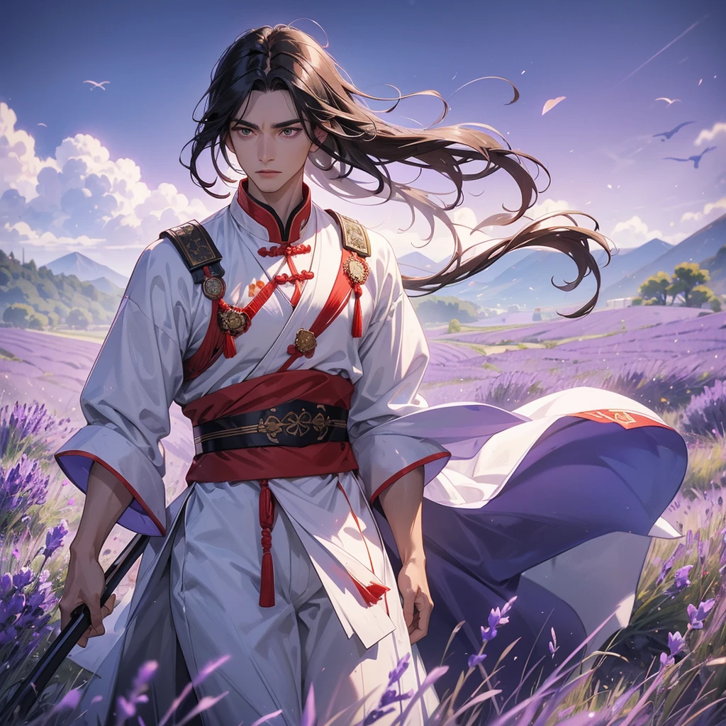 Handsome black-haired male general holding a large sword in white-red ancient Chinese general costume, walking In the middle of lavender fields , Surrounded by lavender fields, purple, with green mountains in the background, low clouds, close up.