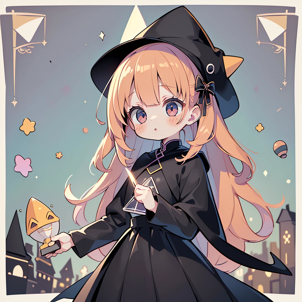 1girl,(((Perfect Anatomy、Perfect human body、Highest quality、Masterpiece、Super detailed、X Composition、S composition、Square Composition、Triangular composition、Award-winning works)))、cute、Palette of pastel colors、Trick or Treat、Pumpkin carriage、Big Wizard Hat、Black Cape、Black dress、Absurd、The fantastic world of Halloween、neon lines、