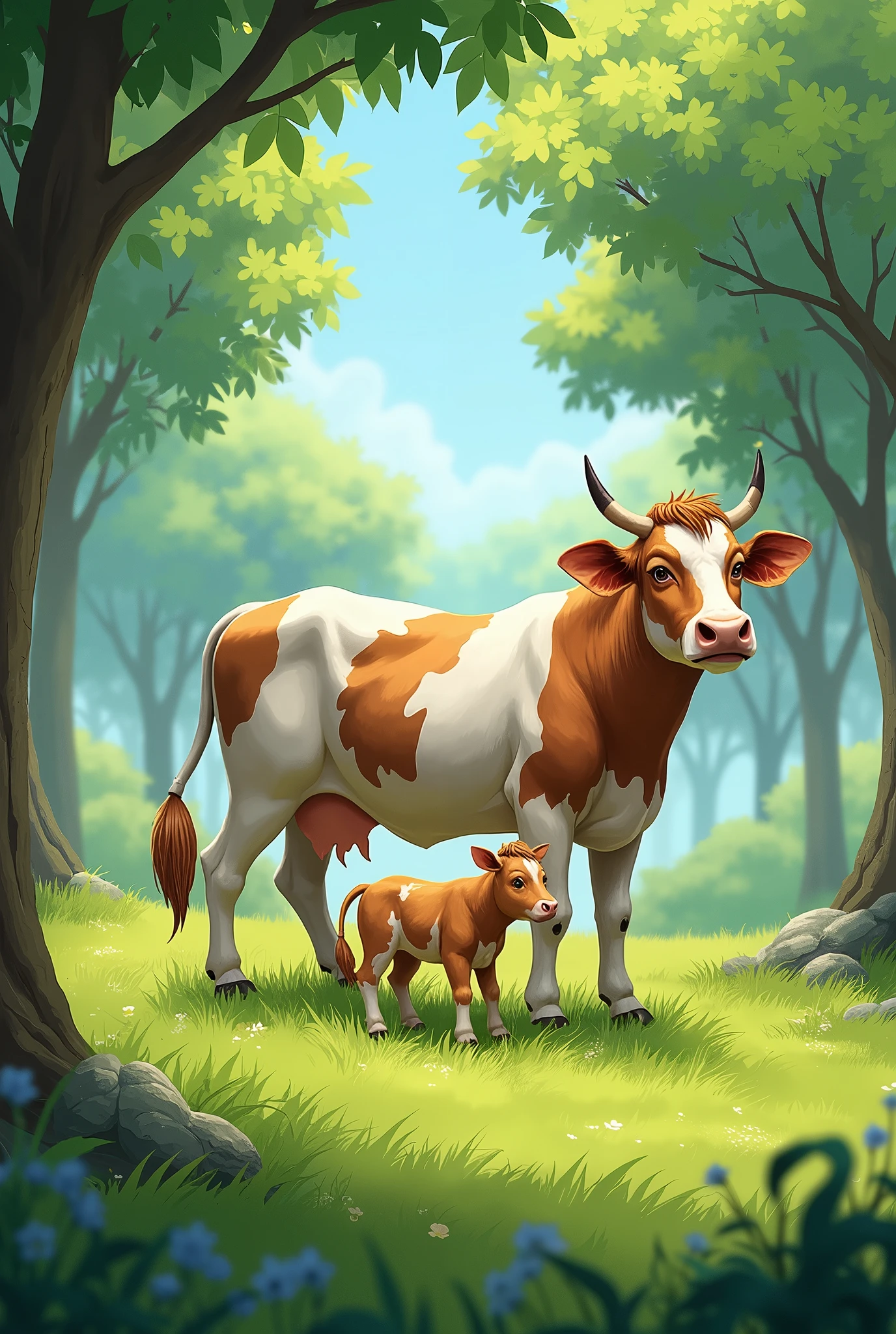 "Imagine a lush, vibrant pasture, full of leafy trees spread throughout the landscape. In the center of this pasture, there is a painted Nelore cow with fur in shades of white and brown, presenting an elegant and distinctive appearance. next to her, a young calf, with fur similar to the mother's, is curiously exploring the environment. Sunlight filters through the leaves of the trees, creating a play of soft shadows on the grass. The scenery conveys a sense of tranquility and harmony, with the cow and her calf enjoying the natural surroundings."