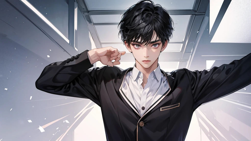 Feminine Shota, black wolfcut hair, school uniform, classroom, handsome, snow white skin