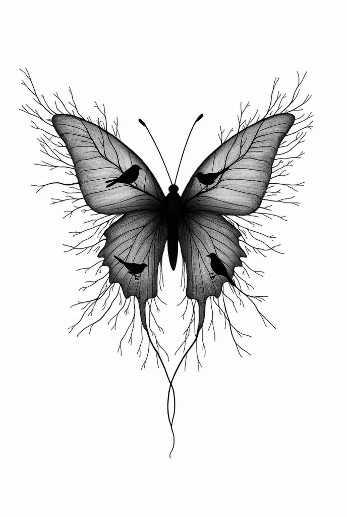 This image is a black and white digital drawing featuring a stylized butterfly with intricate details. The butterfly is rendered in a minimalist, monochromatic style, with the wings and body composed of thin, interwoven branches that form a delicate, leafless tree. The branches are meticulously drawn, creating a textured, almost lace-like pattern. Perched on various branches within the butterfly's wings are small birds, adding a touch of life and movement to the otherwise static image. The birds are depicted in silhouette, emphasizing their black outlines against the white background. The background is stark white, providing a clean and uncluttered canvas that highlights the intricate details of the butterfly and the birds. The overall effect is both surreal and serene, blending the natural forms of trees and birds into a symbolic representation of transformation and flight. The style of the drawing is minimalist, with clean lines and a focus on negative space, creating a sense of elegance and simplicity.