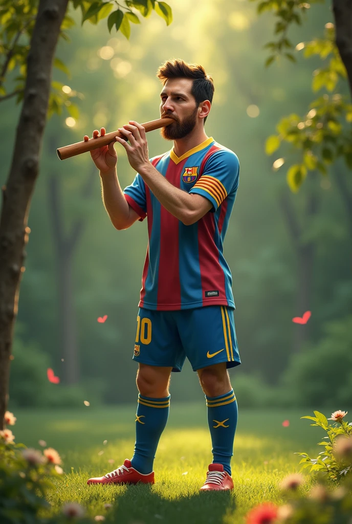 Messi is playing the flute. 
