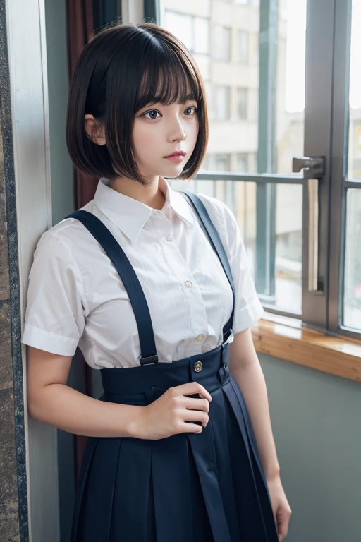 A rounded, unkempt bob cut with dark hair、Elementary school girl、shirt、Red ribbon、Navy blue pleated skirt with suspenders、Otaku