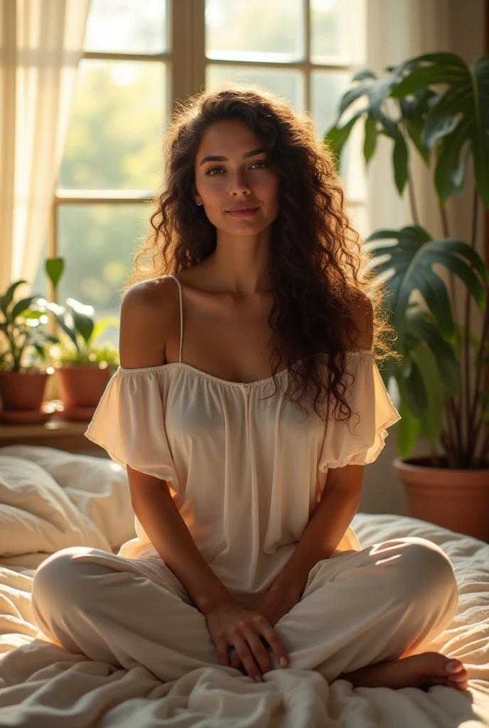 (photorealism:1.2), beautiful woman, sitting on bed, wearing loose off-shoulder top, pajama pants, long curly hair, indoors, soft lighting, plants in background, window with sunlight, cozy room, relaxed pose, realistic, intricate details, warm colors, by Greg Rutkowski, by Alphonse Mucha