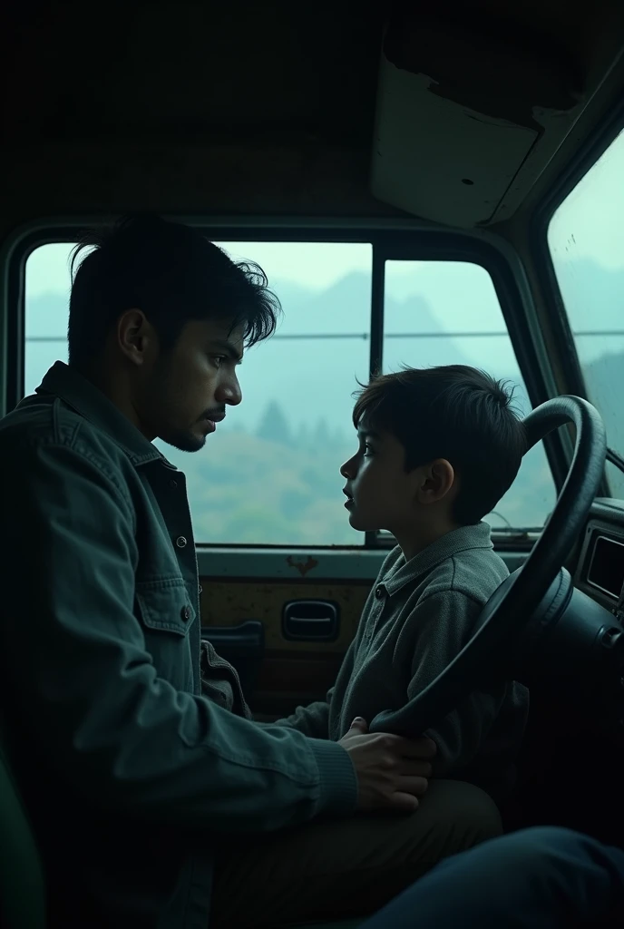 cinematic, photorealistic film poster of a young father driving an old van staring at his  son in the passenger seat, fear in face, tension, misty air, dim light, close up, late night, Kalimpong Sikkim Highway