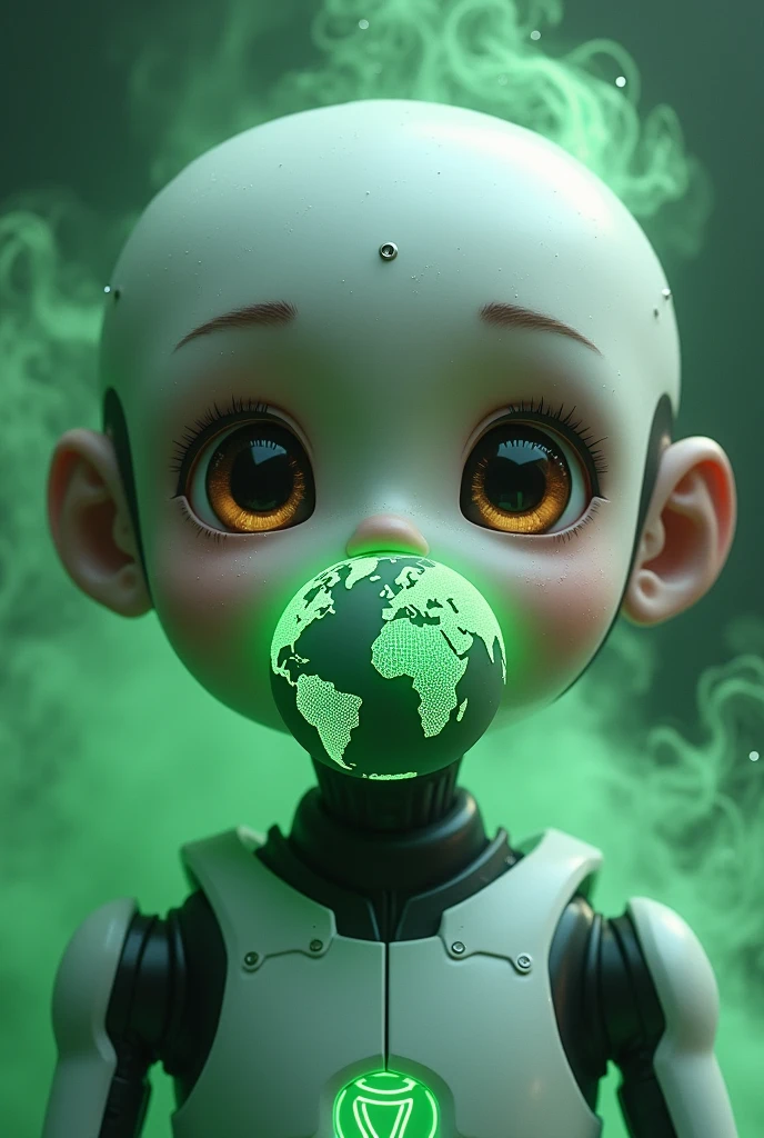A face of a futuristic robot that looks very much like a cute human with big brown eyes and futuristic look. In place of the mouth there is a globe of the world. Above it is written "Dumka" "Nova" "AI". The background is a magical green with smoke and fractals. The skin is synthetic but similar to human skin.