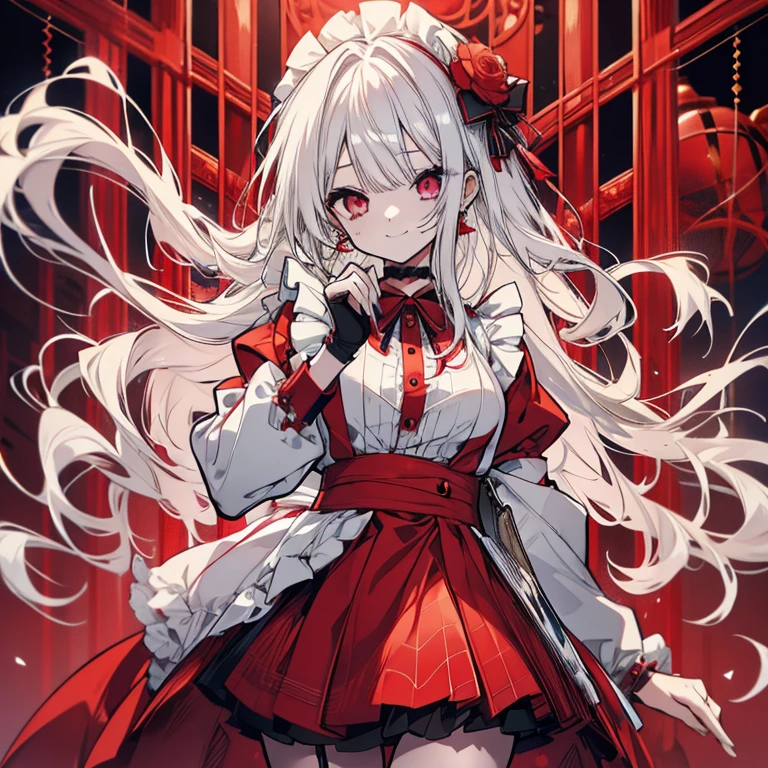 1girl, solo, red eyes, silver hair, gothic style, best shadow, dark night, delicate beautiful and charming face, masterpiece, best quality, long hair and waist