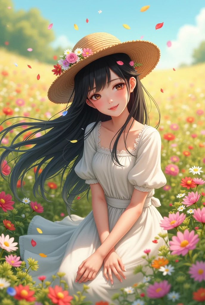 Beautiful colorful flower fields、A girl sitting in the middle of a flower field、The girl is smelling the flowers、A kind and happy expression、Wearing a pure white dress、Wearing a straw hat、The straw hat is decorated with flowers.、Long black hair fluttering in the wind