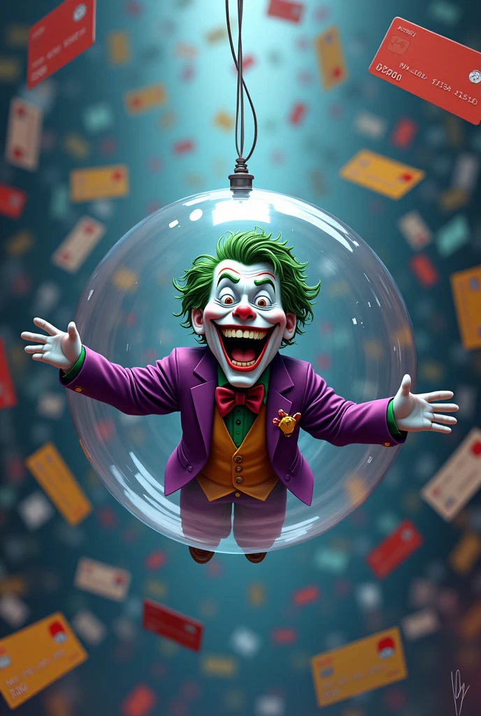  joker laughing in a floating bubble with a silver cord and with the background of the image full of credit cards.