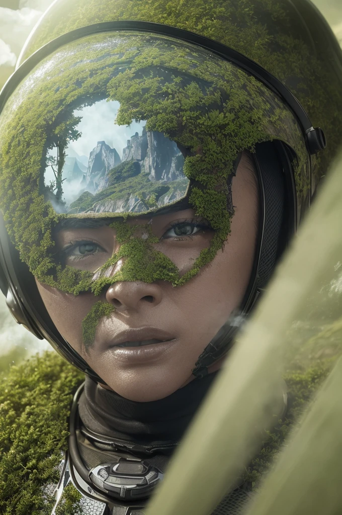 award-winning close-up photo of a woman (sci-fi explorer:1.3) wearing helmet with hexagonal glass visor, [Psychostyle::10], ao lado de um (crashed vehicle:1.2), (smoke:1.4), looking at a lush green alien planet, (mountainscape:1.2) (Tall Grass:1.2), stones, highy detailed, fine-details, (intrikate:1.3), (Lens flare:0.6), (backlight:0.8), (blossom:0.8), Shallow depth of field