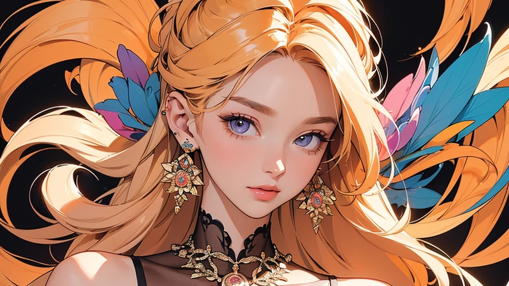 Blonde long hair,Pink Eyes,Butterfly Tattoo,Earrings
