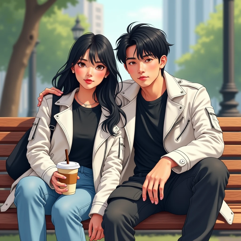 A pair of young Indonesian men and women, bright black hair, wearing a black t-shirt and white leather jacket. long cargo pants,pose,looking at the camera, white sneakers, sitting on a bench in a city park. I&#39;m drinking iced boba cappuccino.Realistic original photo Modern Minimalist Illustration, Photorealistic, Motion Blur, 