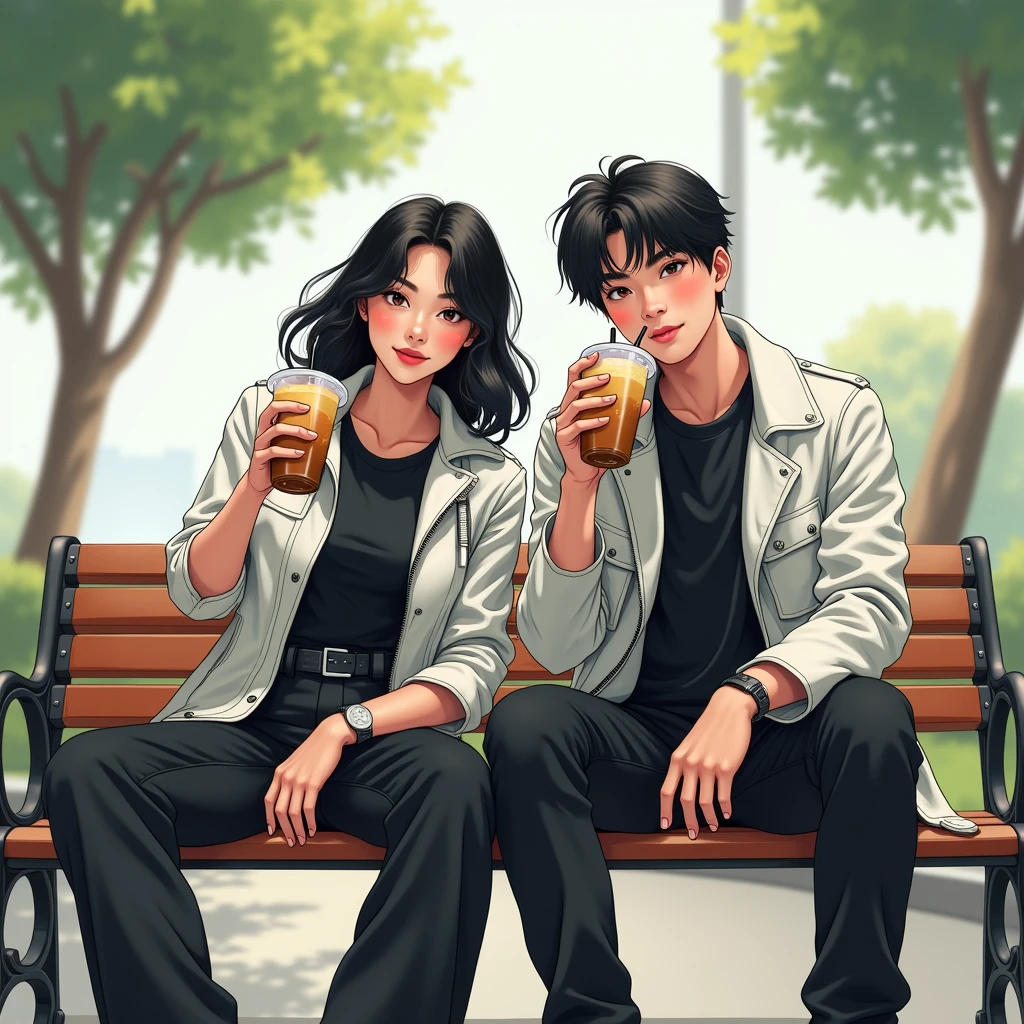 A pair of young Indonesian men and women, bright black hair, wearing a black t-shirt and white leather jacket. long cargo pants,pose,looking at the camera, white sneakers, sitting on a bench in a city park. I'm drinking iced boba cappuccino.Realistic original photo Modern Minimalist Illustration, Photorealistic, Motion Blur,