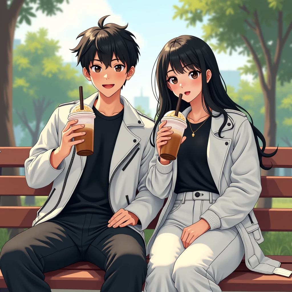 A pair of young Indonesian men and women, bright black hair, wearing a black t-shirt and white leather jacket. long cargo pants,pose,looking at the camera, white sneakers, sitting on a bench in a city park. I'm drinking iced boba cappuccino.Realistic original photo Modern Minimalist Illustration, Photorealistic, Motion Blur,