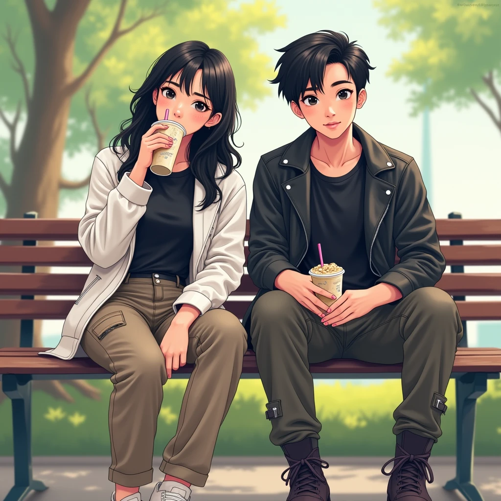 A pair of young Indonesian men and women, bright black hair, wearing a black t-shirt and white leather jacket. long cargo pants,pose,looking at the camera, white sneakers, sitting on a bench in a city park. I&#39;m drinking iced boba cappuccino.Realistic original photo Modern Minimalist Illustration, Photorealistic, Motion Blur, 