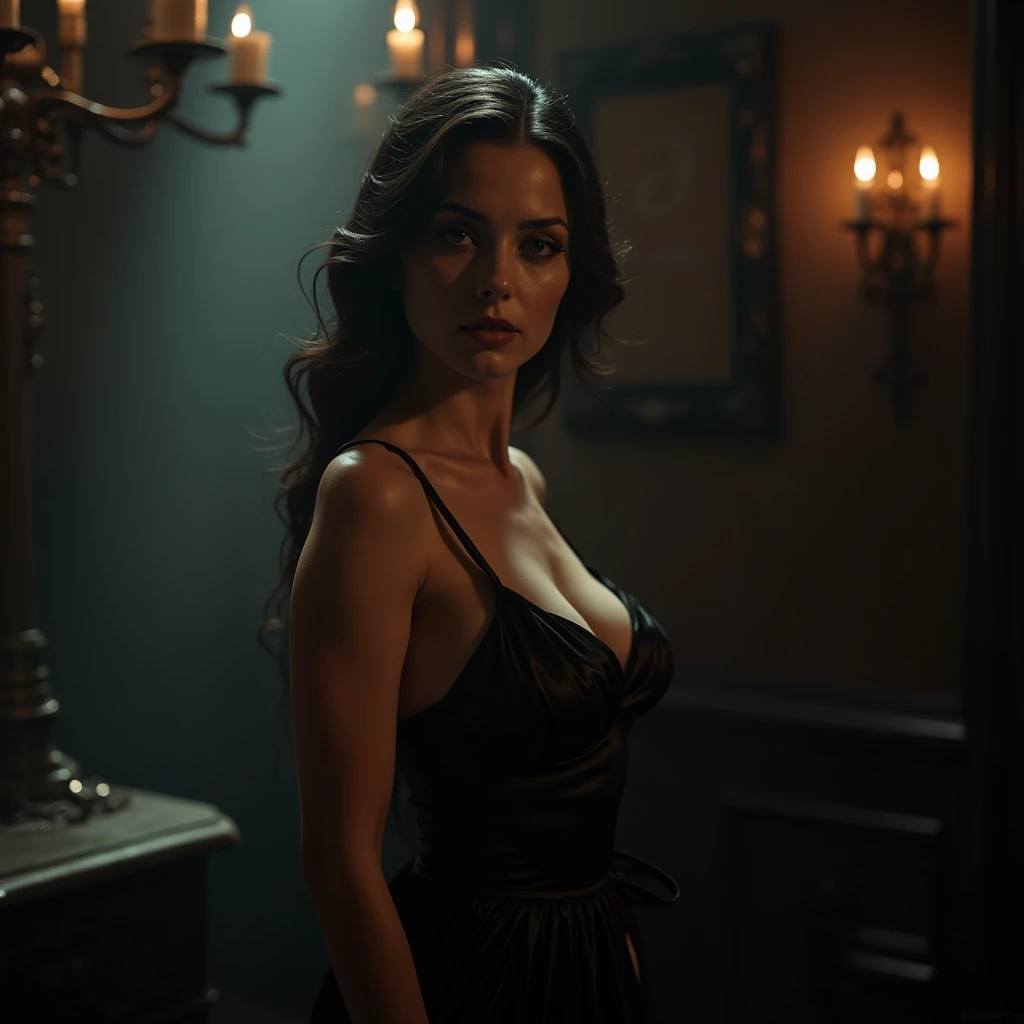 a beautiful seductive woman in a brothel, detailed facial features, elegant long dress, dramatic lighting, cinematic composition, muted color palette, dramatic chiaroscuro, gothic atmosphere, (best quality,4k,8k,highres,masterpiece:1.2),ultra-detailed,(realistic,photorealistic,photo-realistic:1.37)