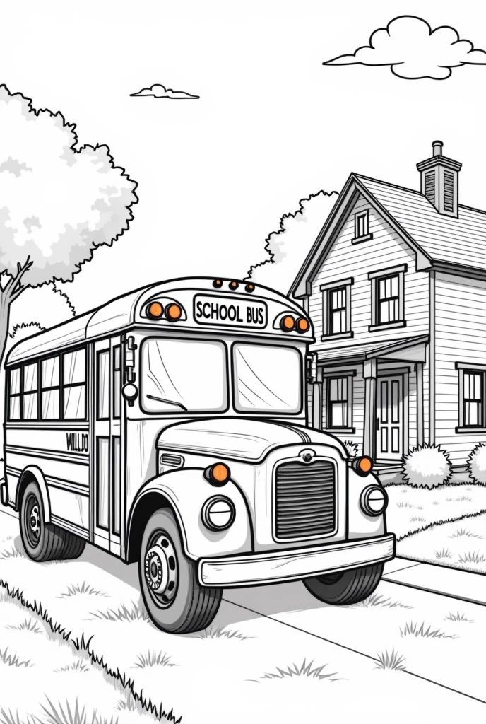 Draw an old school bus parked in front of a classic house in a quiet neighborhood. The bus should include details such as windows, will do, and signs, while the environment includes trees and grass with a detailed style. The design must be accessible for coloring, with enough detail to hold the interest of colorists of all ages.