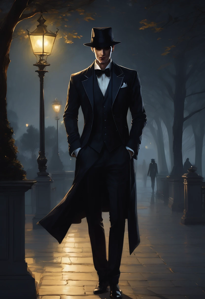 (good quality), (many details), (masterpiece), Charlie Bowater style, Vampire at night in the park, Gloomy aura, Shadows gather behind him, fedora, blond hair, angular face, suit, Schattenbeschwörer, lasombra