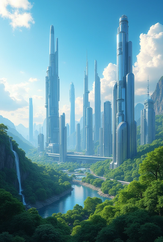 digital art, advance technology city with greeny environment with beautiful blue sky