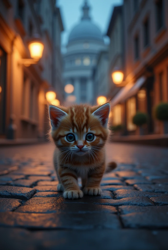 Cute nervous kitten on the street at night
