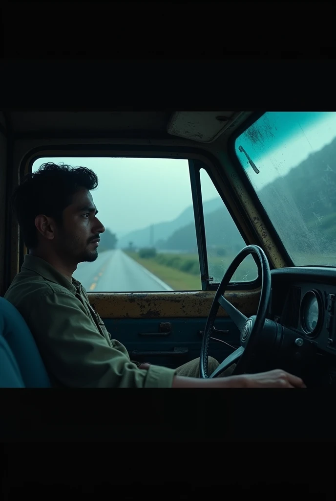cinematic, photorealistic film poster of a young father driving an old van staring at his son in the passenger seat, fear in face, tension, misty air, dim light, close up, late night, Kalimpong Sikkim Highway