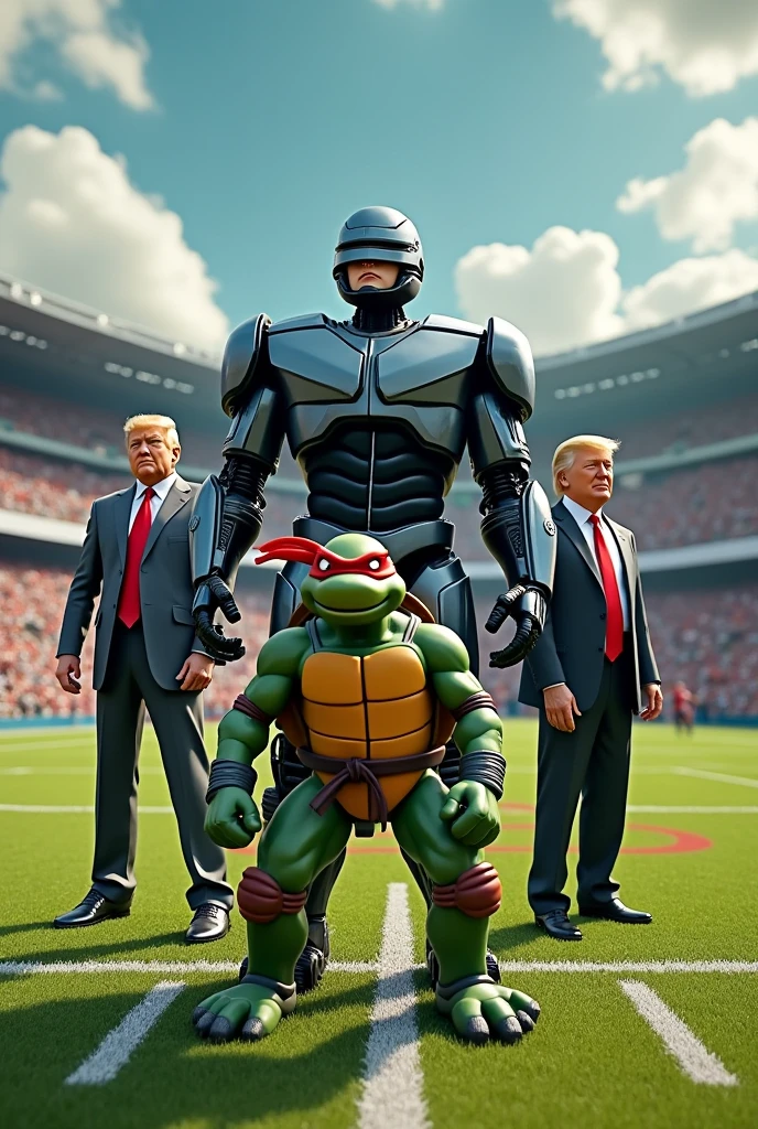Create an image where Robocop appears, plankton, Donald Trump, A ninja turtle on a football field 