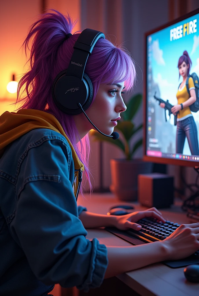 (photorealism:1.5) draw a streamer girl playing free fire 