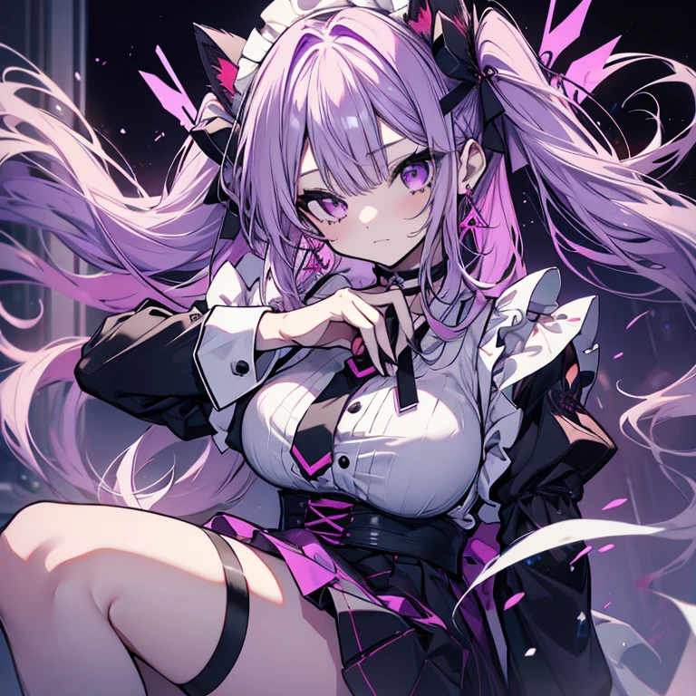 1 girl、Mature、Ample breasts、Long Hair、Twin tails、Curly Hair、pale purple hair、maid、maid服、Miniskirt、garter、spiderの巣のストッキング、choker、Earrings、spiderの巣、spiderの巣のストッキング、Cat ear、1 girl、spider、High resolution、Highest quality