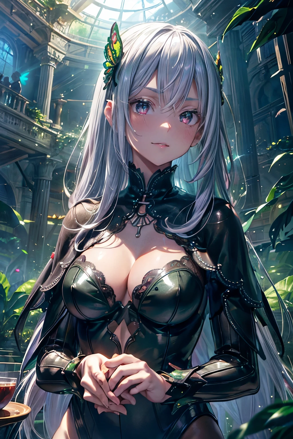profile,
((Highest quality)),High resolution,Sharp focus,(Super detailed,Very detailed),{best illustration},
(Very detailed CG unity 8k wallpaper),(((Vibrant colors))),Anime Style,
gleaming skin,Crisp details, (complete anatomy),Perfect Fingers,
shiny 肌,very shiny 肌,Shiny body,plastic glitter 肌,exaggerated shiny 肌,illuminated skin,
(Realistic eyes, Natural skin texture, Realistic facial details),
1woman, Beautiful and elaborate face, Perfect Eyes,((Silver Hair)),Long Hair,Echidna, Deep purple eyes,
Butterfly Hair Ornament, (Colored eyelashes:1.1), eye shadow,Red pink lips,Big and ample breasts,Camel Toe,
Long sleeve,Black long dress,Capelet,
(Flying debris, 超High resolution),(((Black and Green Theme))),Wear an iridescent aura,
Invisible Light, Amazing shine, Neon green glow, The colors of another world,
Bright colors, Ghostly Effects,Surreal Landscape,shining butterflies, Black T-back see-through underwear,
Arrogant look, Domineering smile,
Sunlight filtering through the trees in a greenhouse,A room filled with plants,White table,Ornate white chair, Tea cup,Saucer, sitting,