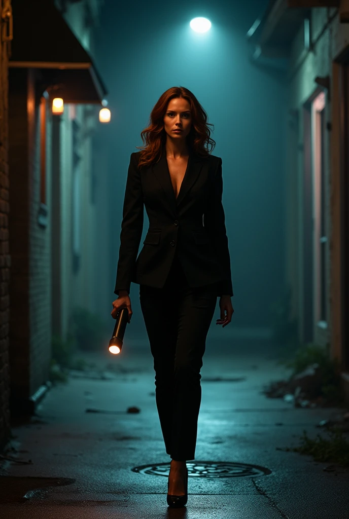 in a dimly lit place, Street of Moods, Dana Scully Investigates, radiating confidence and determination. Captured in full growth, She stands confidently, Her FBI badge gleams in the dim light.. She is dressed in her signature stylish suit., complemented by a smooth, high heels, that echo along the sidewalk. scene, Shot on a Leica Q2 for its exceptional detail in low light conditions, Highlights the contrast between her professional attire and the gloomy setting.. Her posture is maintained., but ready for action, A flashlight in one hand lights the way forward, Her gaze is directed at something off-camera.. , woman Dana Scully, big breasts, voluptuous body, mother, fool, Ultra mini skirt, RealFeet, shoes focus. sexual, She shows her legs.