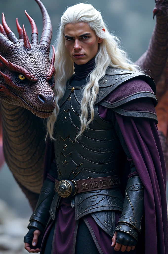 Daemon Targaryen on a huge dragon, pale skin, silver hair, dressed 