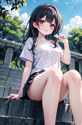 best quality,1girl,((little girl,small breasts,loli:1.3)),curvy,((orgasm,blush:1.3)),angry,sweat,Arisu Tachibana,black hair, long hair,hair ribbon, ((white tank top,blue skirt,mini skirt,lift skirt,upskirt,kneehighs,white panties,lace panties:1.1)),((walking:1.1)),forest,forest林,crotchAngle,head out of frame,lower body,have to pee,covering crotch,(((hand between legs))),knees together feet apart,