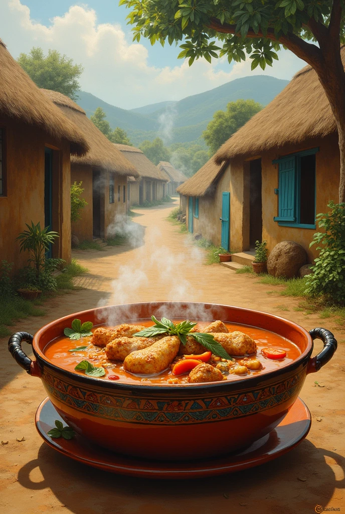 A portrait of an African bowl of soup with chicken in a village